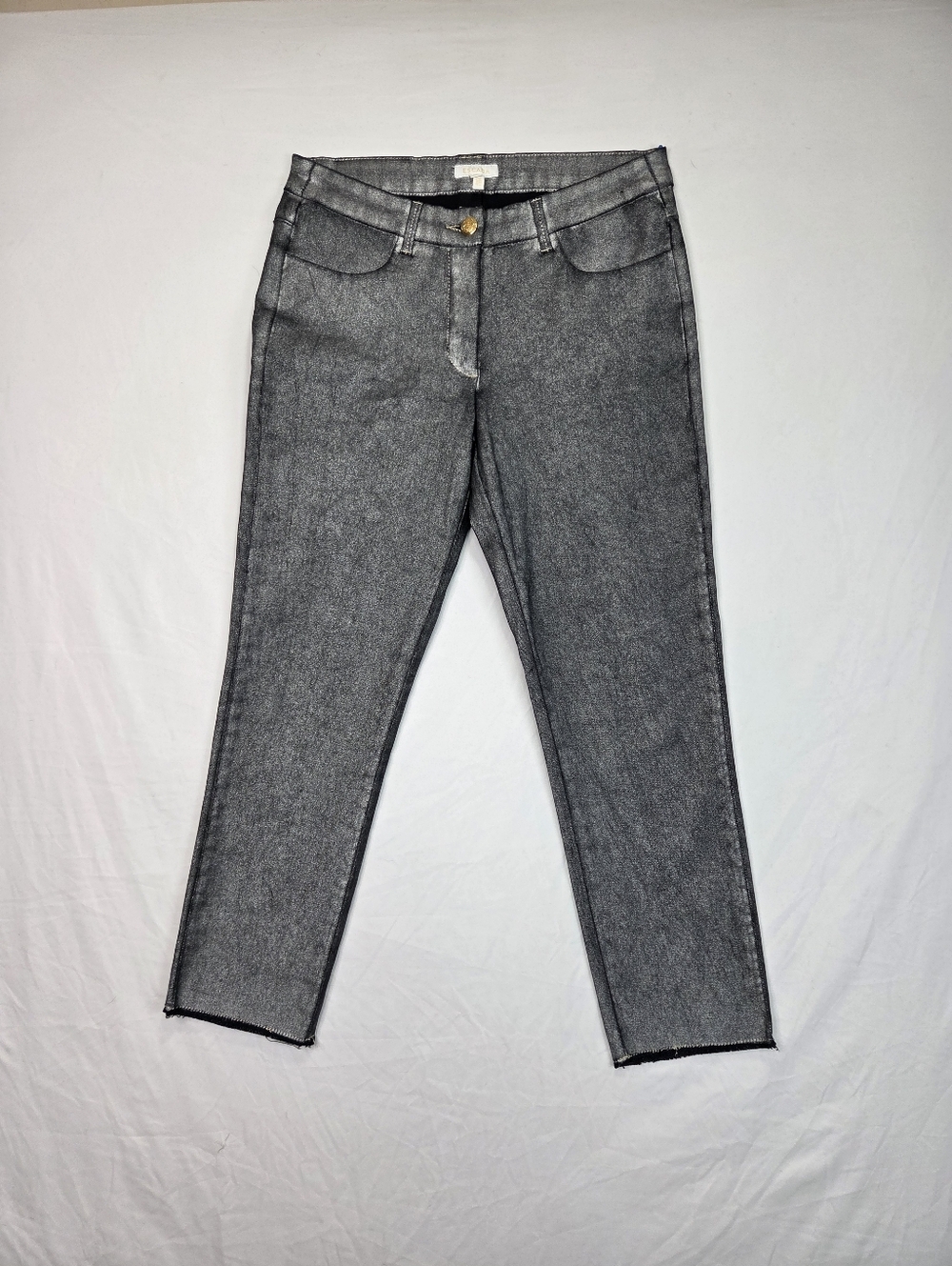 Escada Silver Metallic Slim‎ Straight Jeans Raw Hem EU 36 US 4 Pants